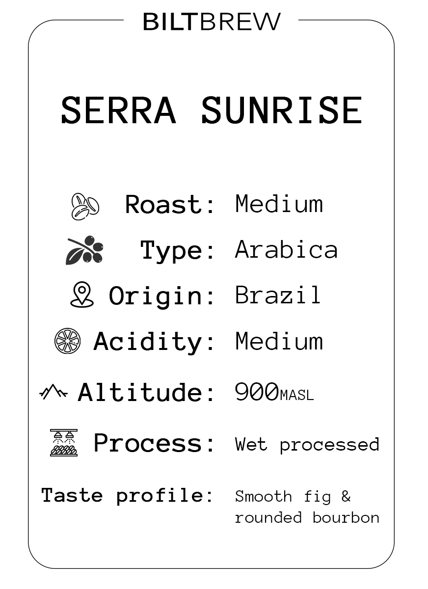 Biltbrew Serra Sunrise coffee label with roast, type, origin, acidity, altitude, process, and taste profile details.