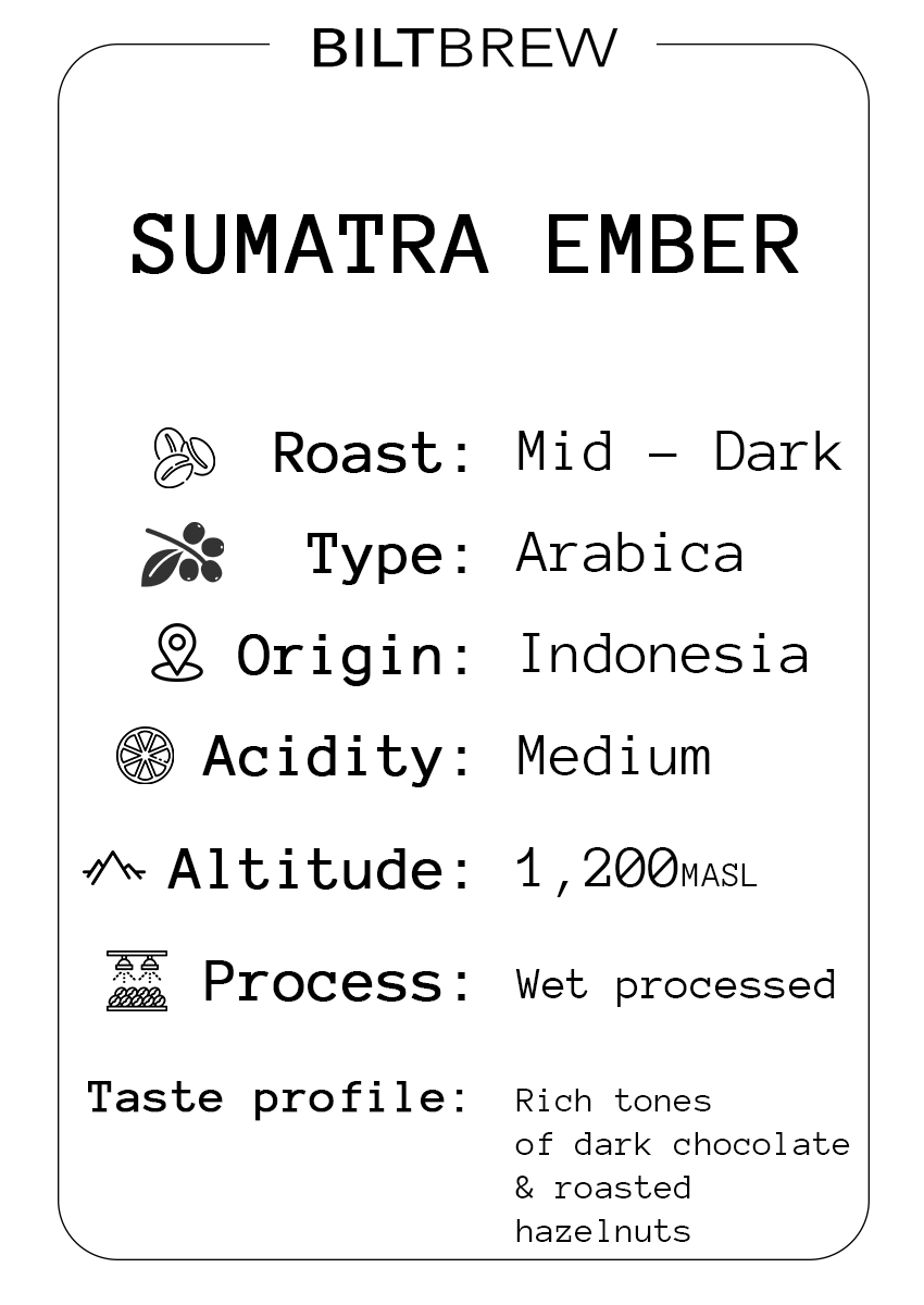 Biltbrew Sumatra Ember coffee label with details on roast, type, origin, acidity, altitude, process, and taste profile.