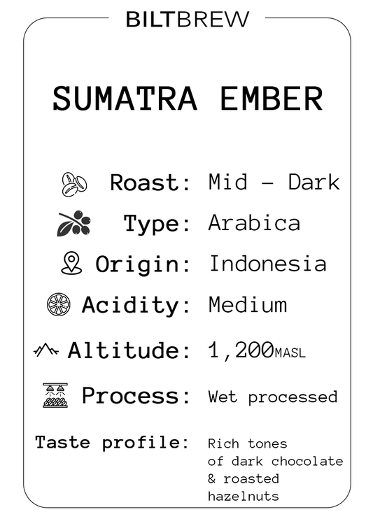 Biltbrew Sumatra Ember coffee label with details on roast, type, origin, acidity, altitude, process, and taste profile.