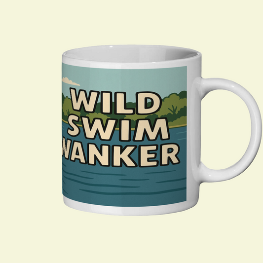Mug with 'Wild Swim Wanker' text on a scenic design