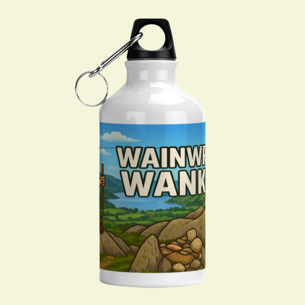 Outdoor Lake District drink bottle for men - Wainwright Wanker 400ml slogan