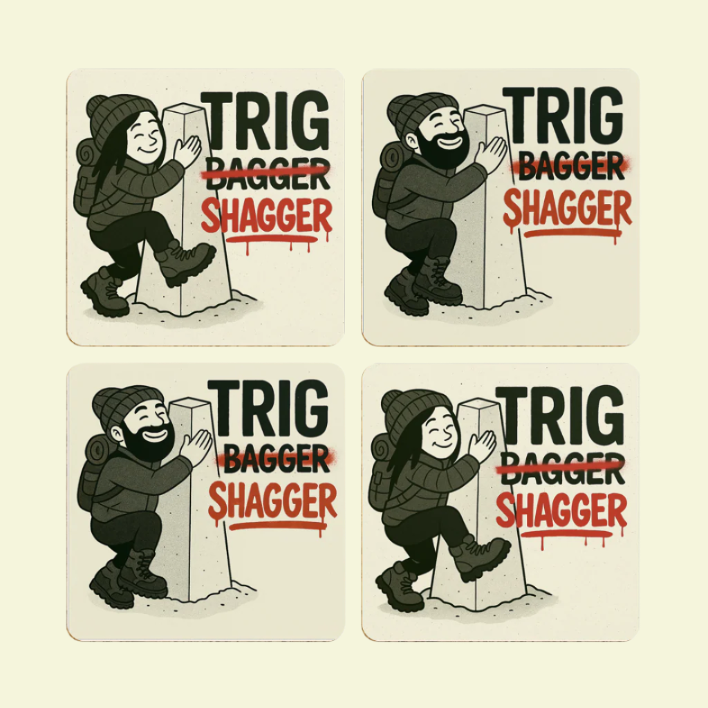 Humorous coaster pair for couples who love trig points - The Obese Hiker