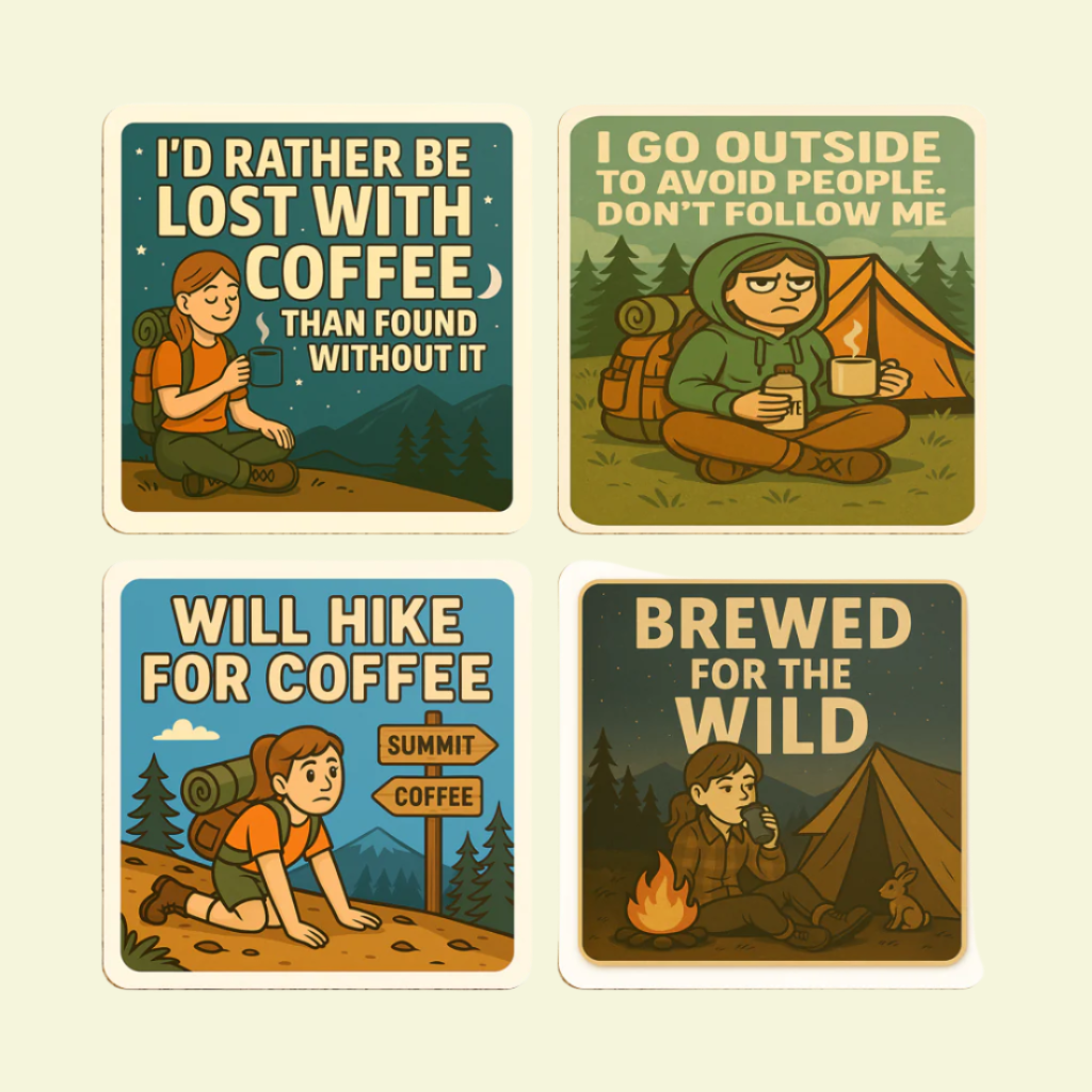 Novelty coaster set for ladies who hike and drink coffee - brew-inspired