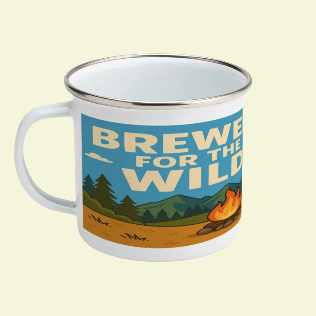 Brewed for the Wild coffee mug for outdoorsy men - enamel style