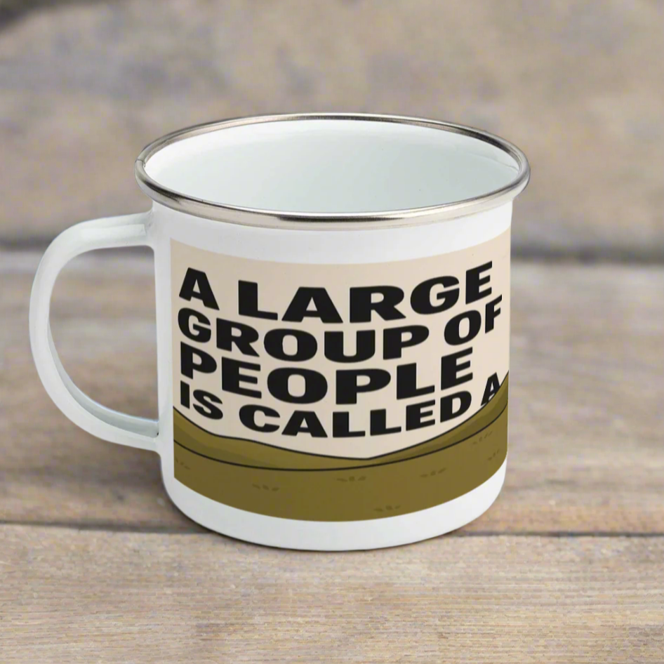 Lightweight enamel cup on wooden bench for her