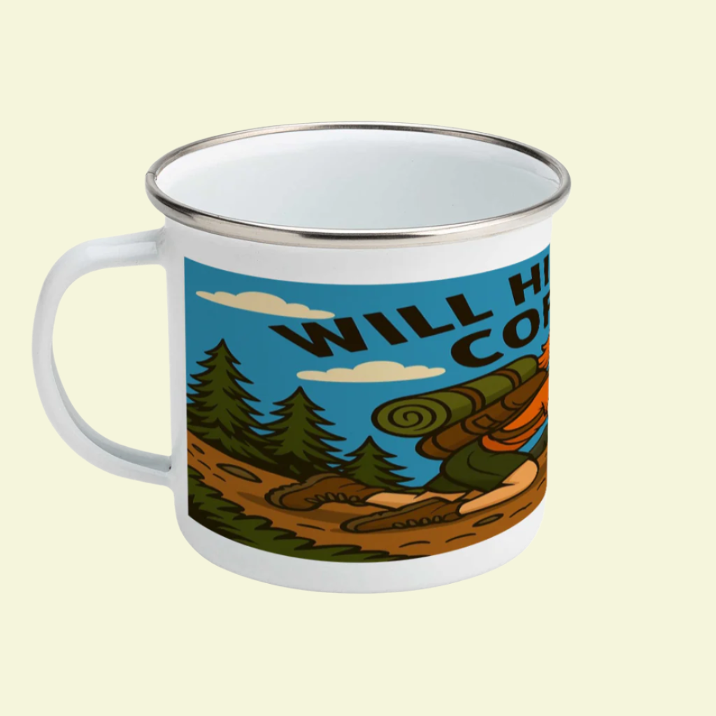 Will Hike for Coffee coffee mug for outdoorsy women - enamel style