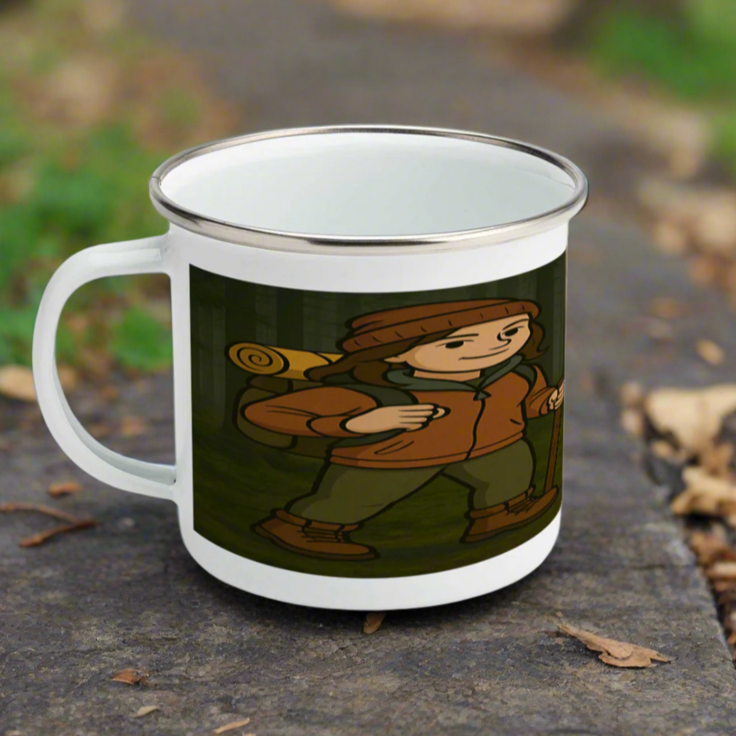 Rustic enamel mug on wooden bench for outdoorsy women