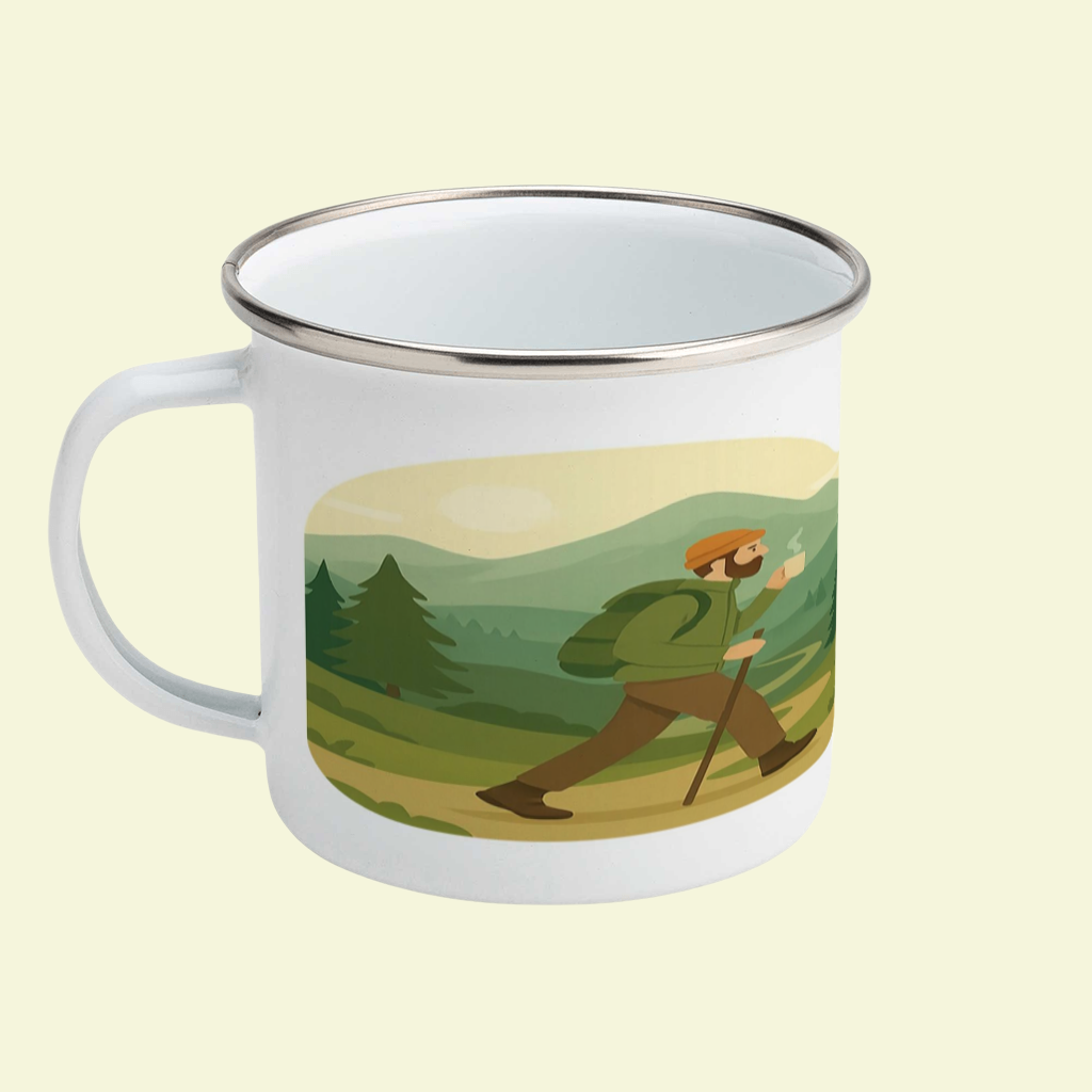 Sarcastic enamel mug for male hikers - I Hike Better After Coffee