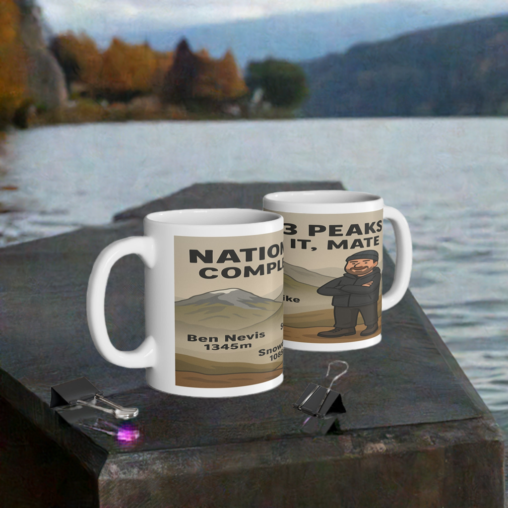 Funny National 3 Peaks mug for men - Completed It Mate ceramic design