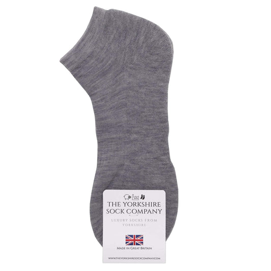 Six pairs of British made Merino Trainer Liner Socks for women in black, grey, and natural colors