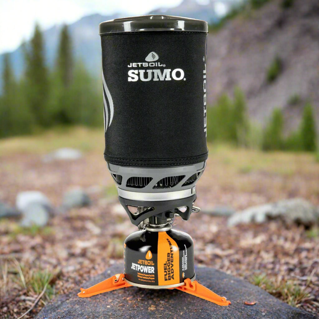 Jetboil Sumo camping stove with black heat shield on a white background