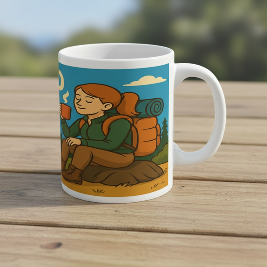 Mug with a design of a person sitting on a rock with a backpack, holding a mug, on a wooden surface.