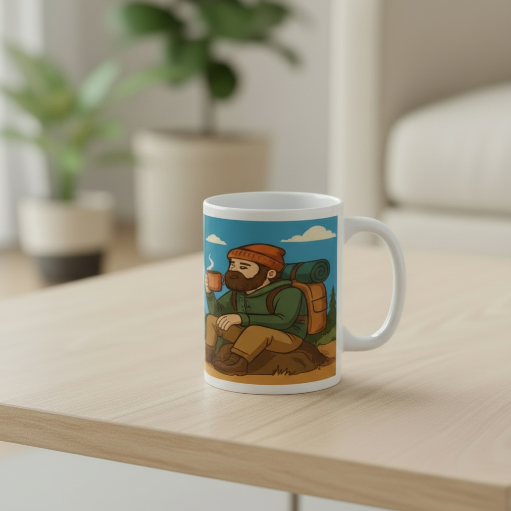 Mug with a graphic of a bearded man sitting by a campfire on a wooden table.