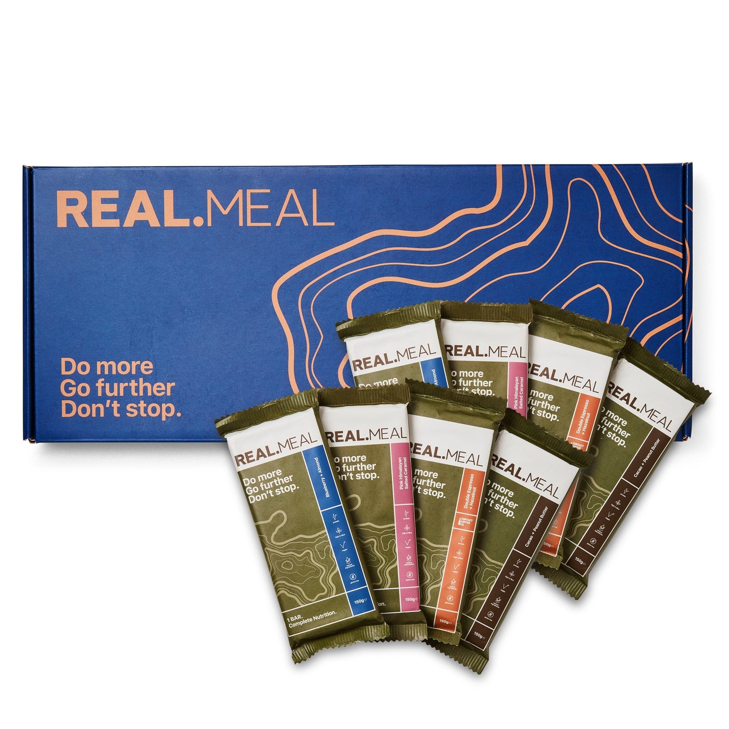 REAL.MEAL meal replacement bars with a blue box in the background