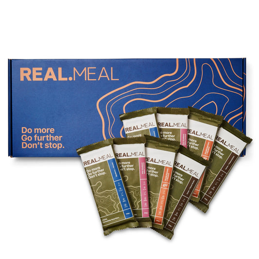 REAL.MEAL meal replacement bars with a blue box in the background