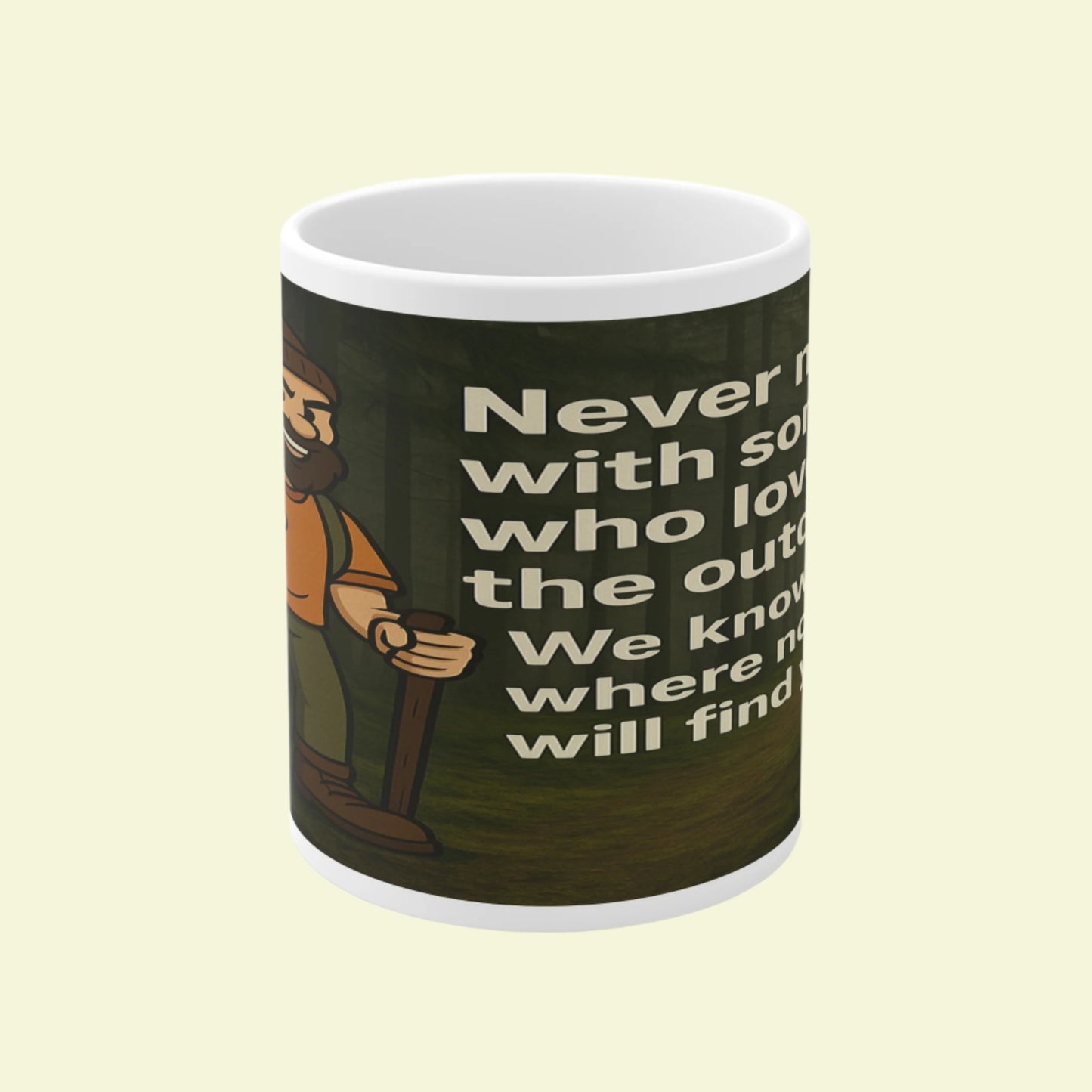 Mug with a cartoon character and text on a beige background