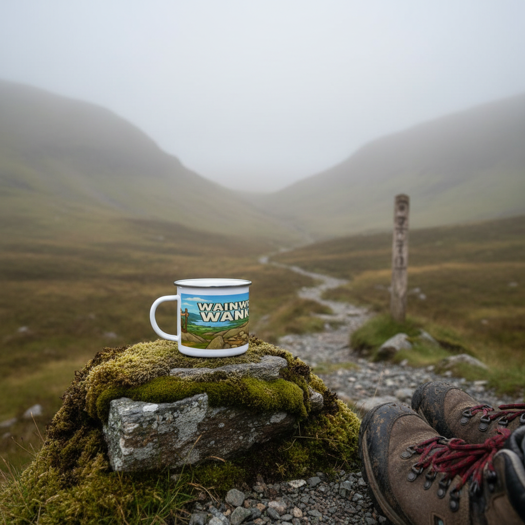 White enamel mug with colorful Wainwright Wanker graphic, set on mossy rock outdoors.