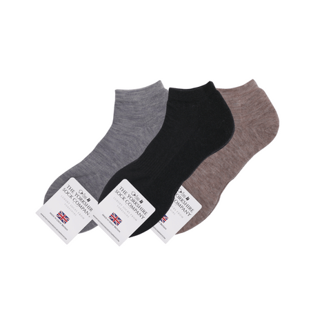 Ashville Pro Merino Socks 3 pair gift set in black, grey, and natural, British-made luxury trainer socks