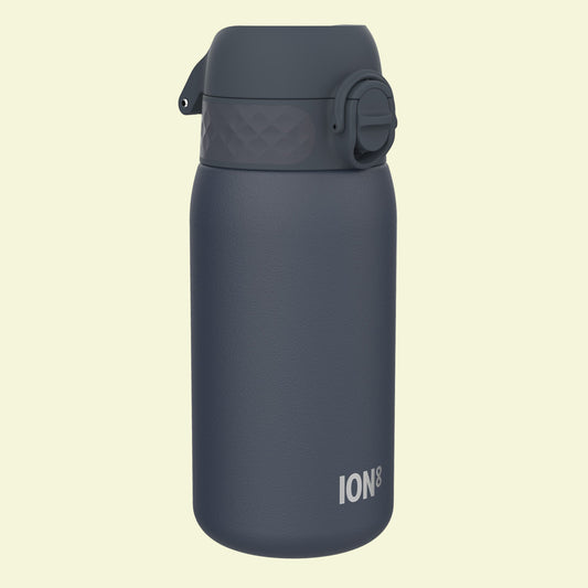 Dark gray water bottle with 'ION8' branding on a white background