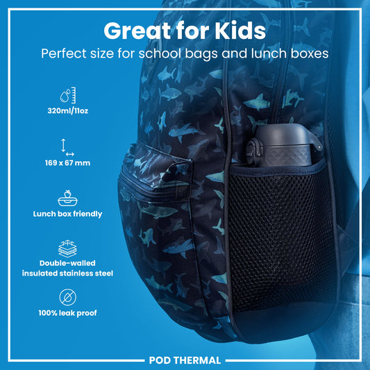 Blue insulated lunch bag with shark pattern on a blue background, featuring text about its suitability for kids and product features.