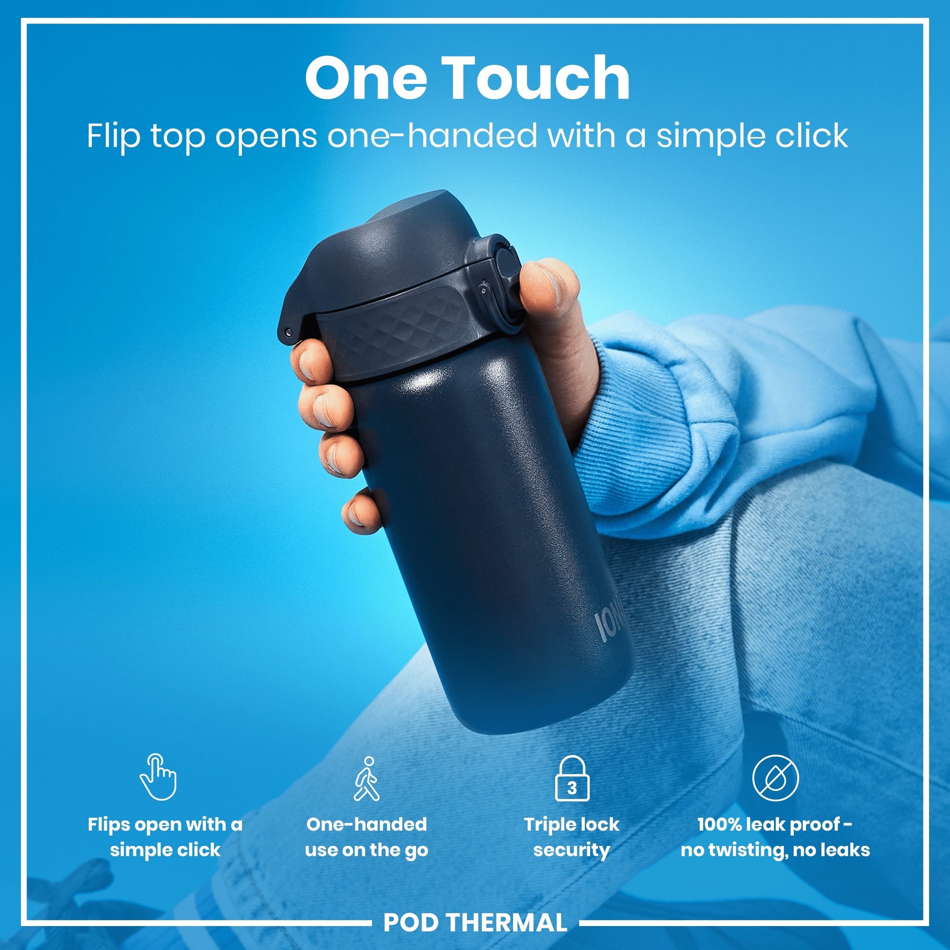 Person holding a black thermos with text about its features on a blue background