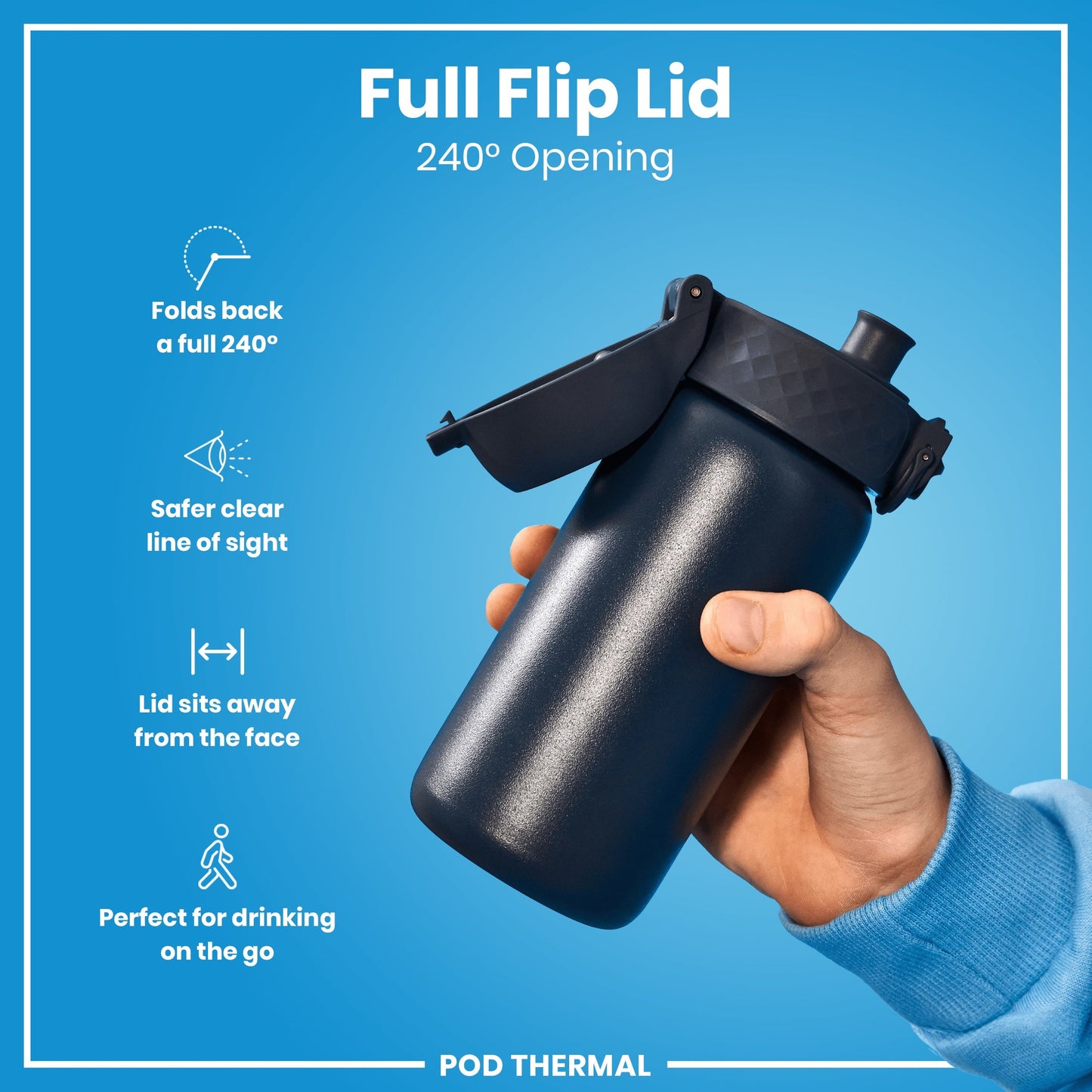 Black water bottle with full flip lid held by a hand on a blue background, featuring text and icons about the lid's features.