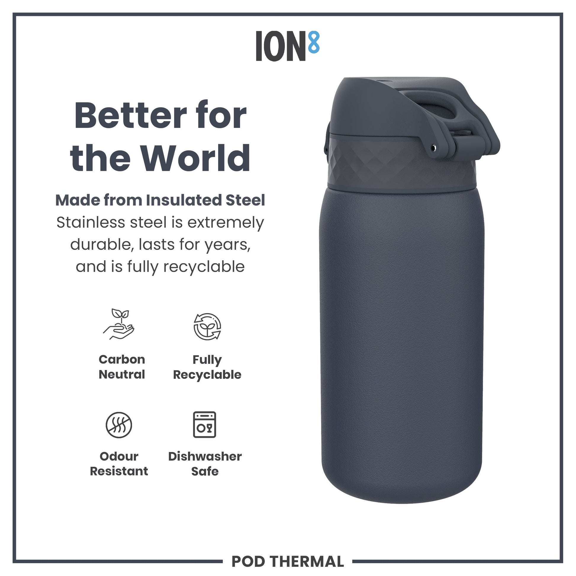 ION8 insulated steel water bottle with features listed on a white background