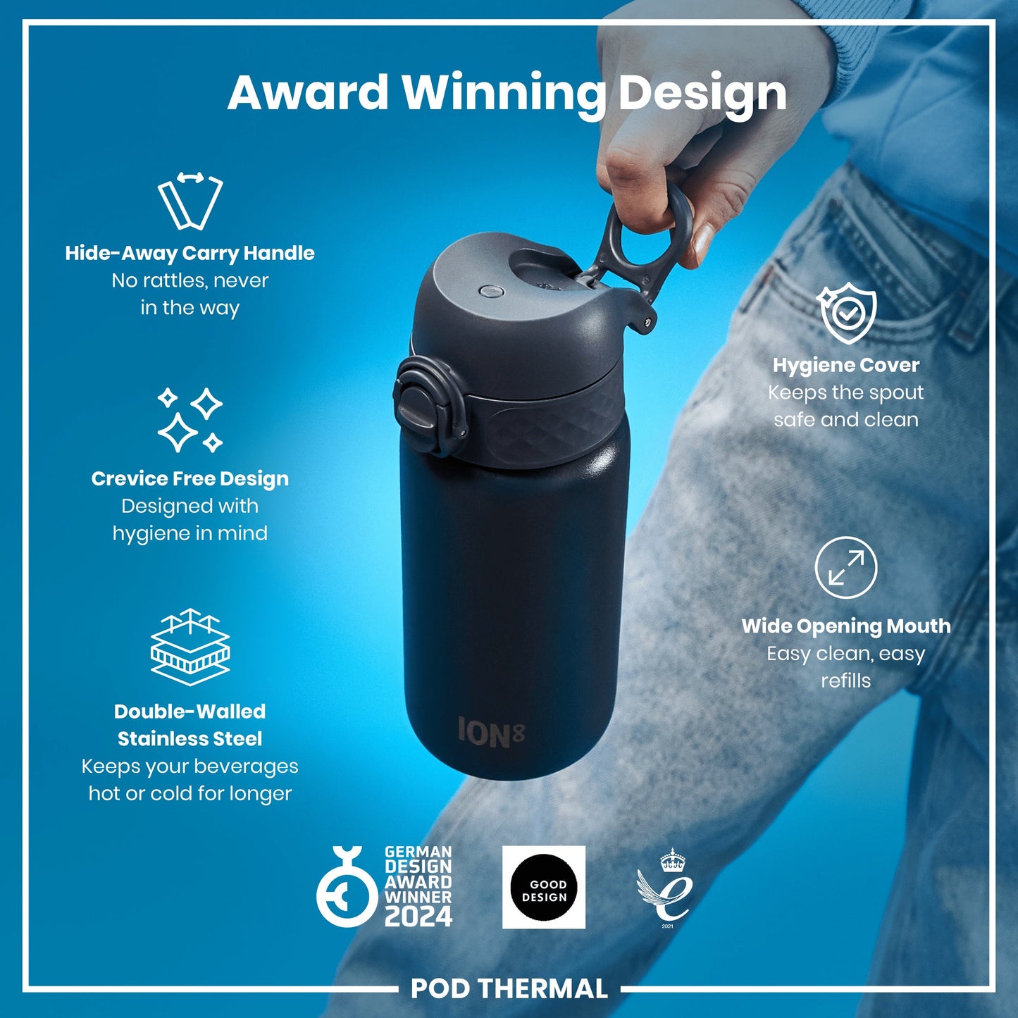 Black thermos with features highlighted on a blue background