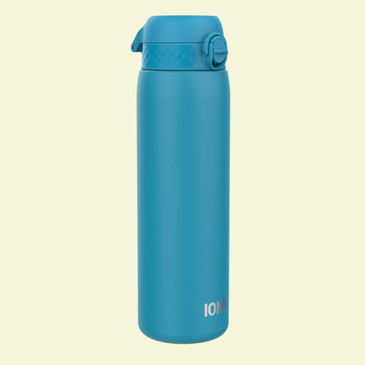 Blue water bottle with a white background