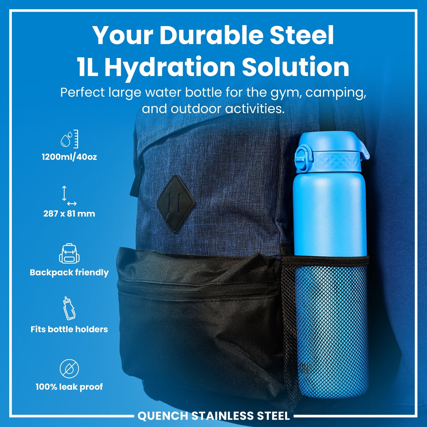 Blue hydration bottle with backpack on a blue background