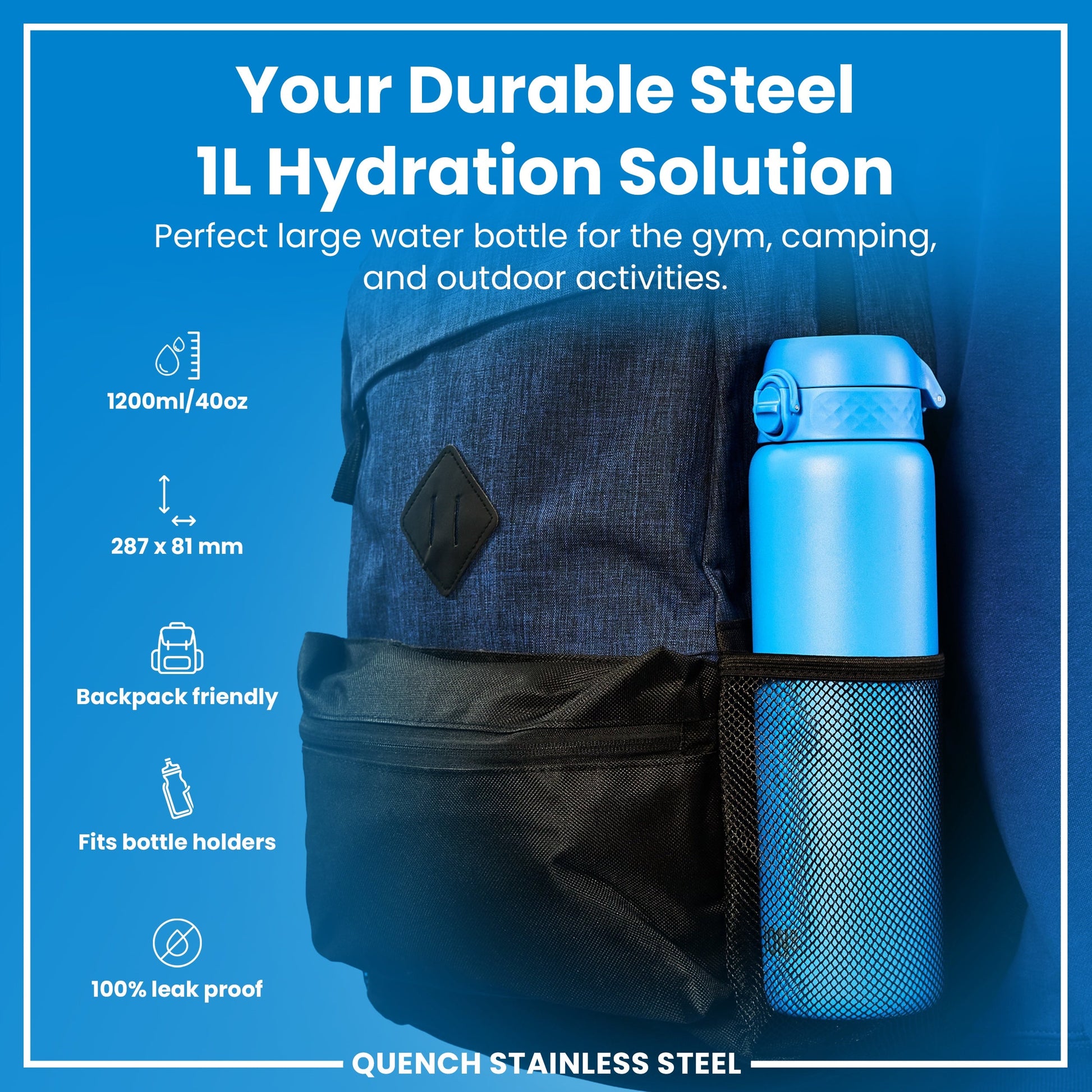 Blue hydration bottle with backpack on a blue background