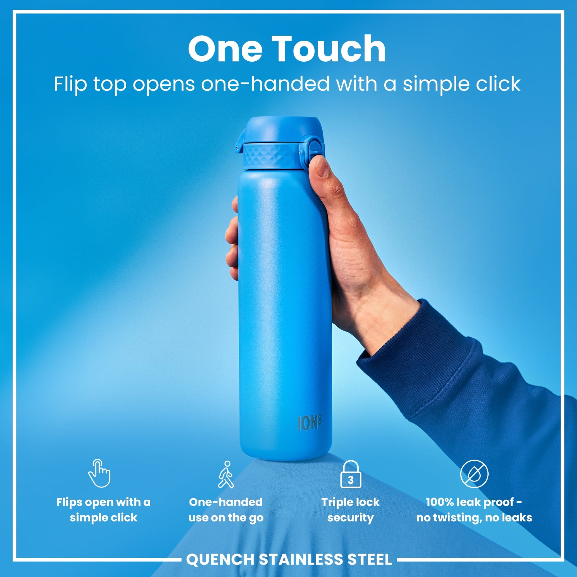 Blue water bottle held by a hand with text highlighting features on a blue background