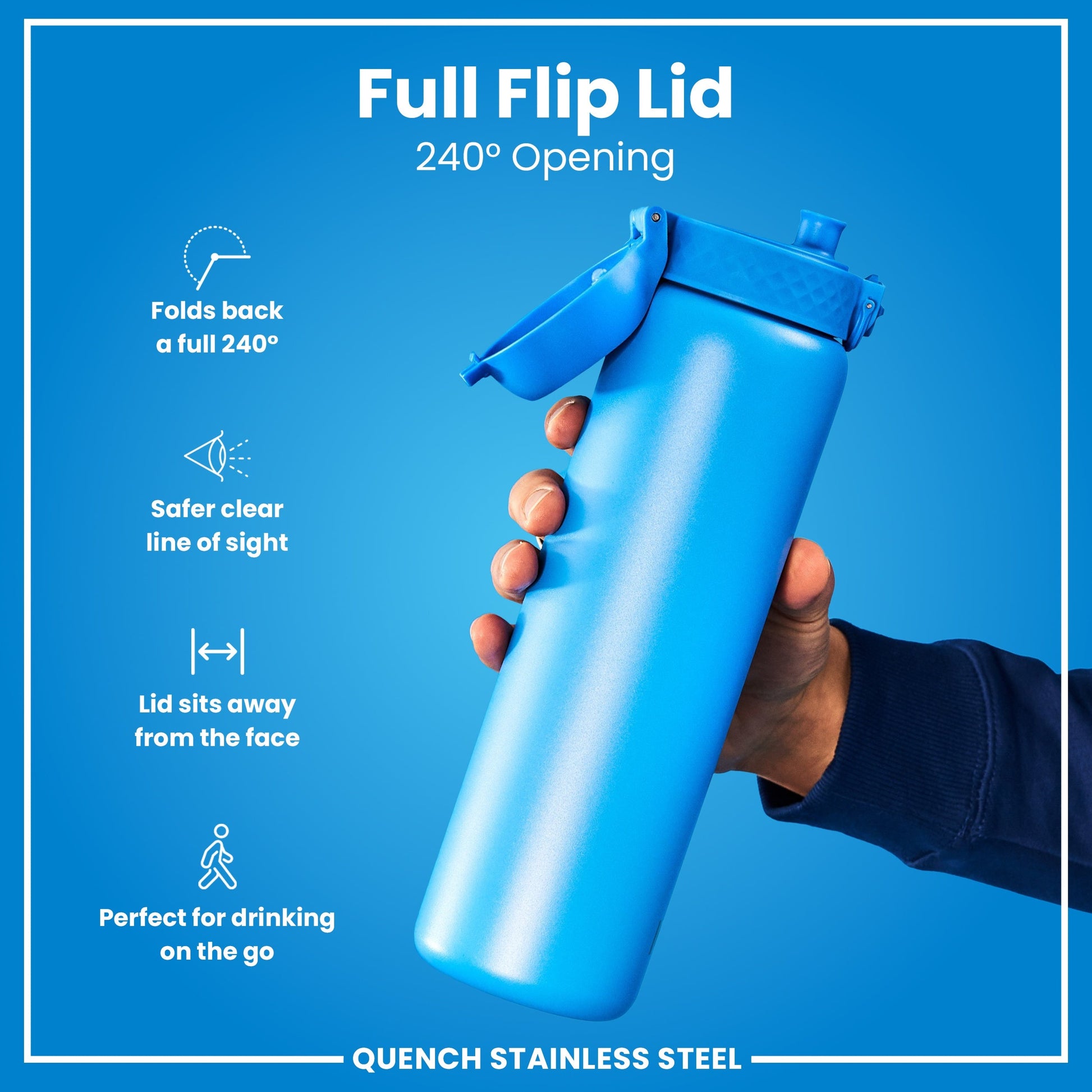 Blue water bottle with a full flip lid on a blue background