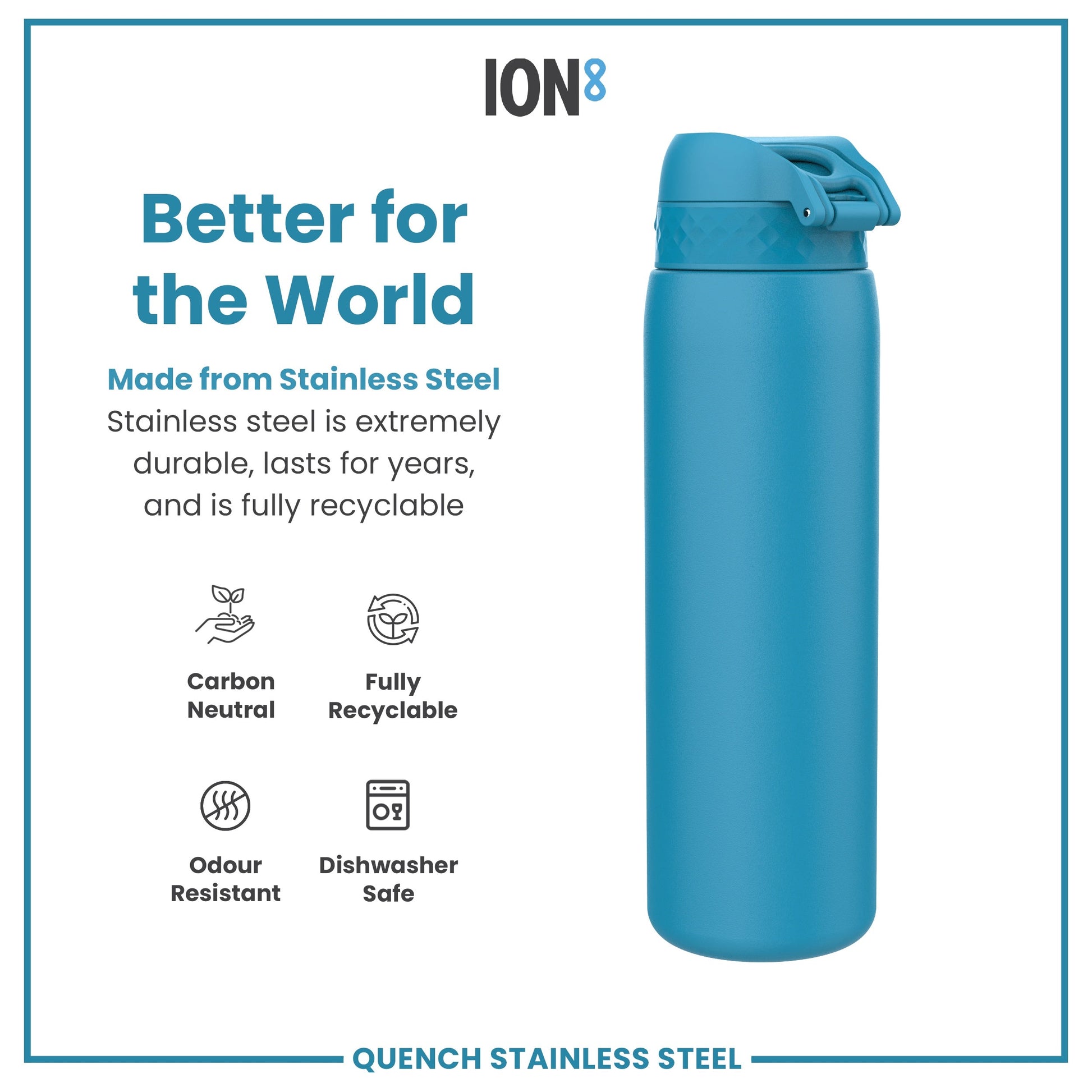 Blue stainless steel water bottle with 'ION8' branding and sustainability features on a white background.