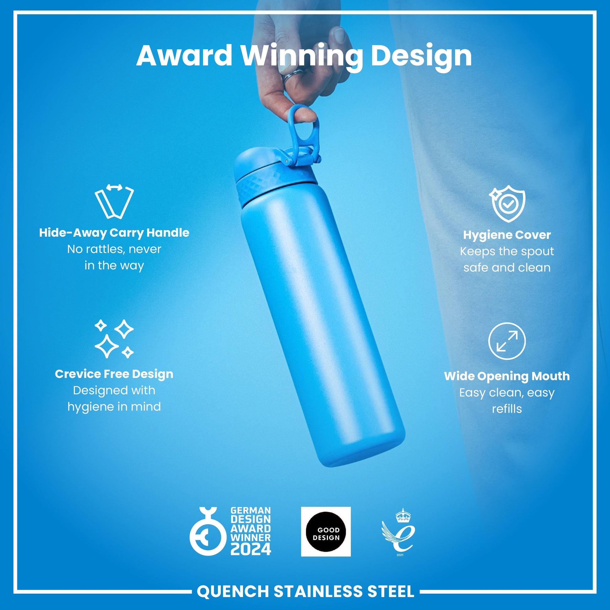 Blue stainless steel water bottle with features highlighted on a blue background