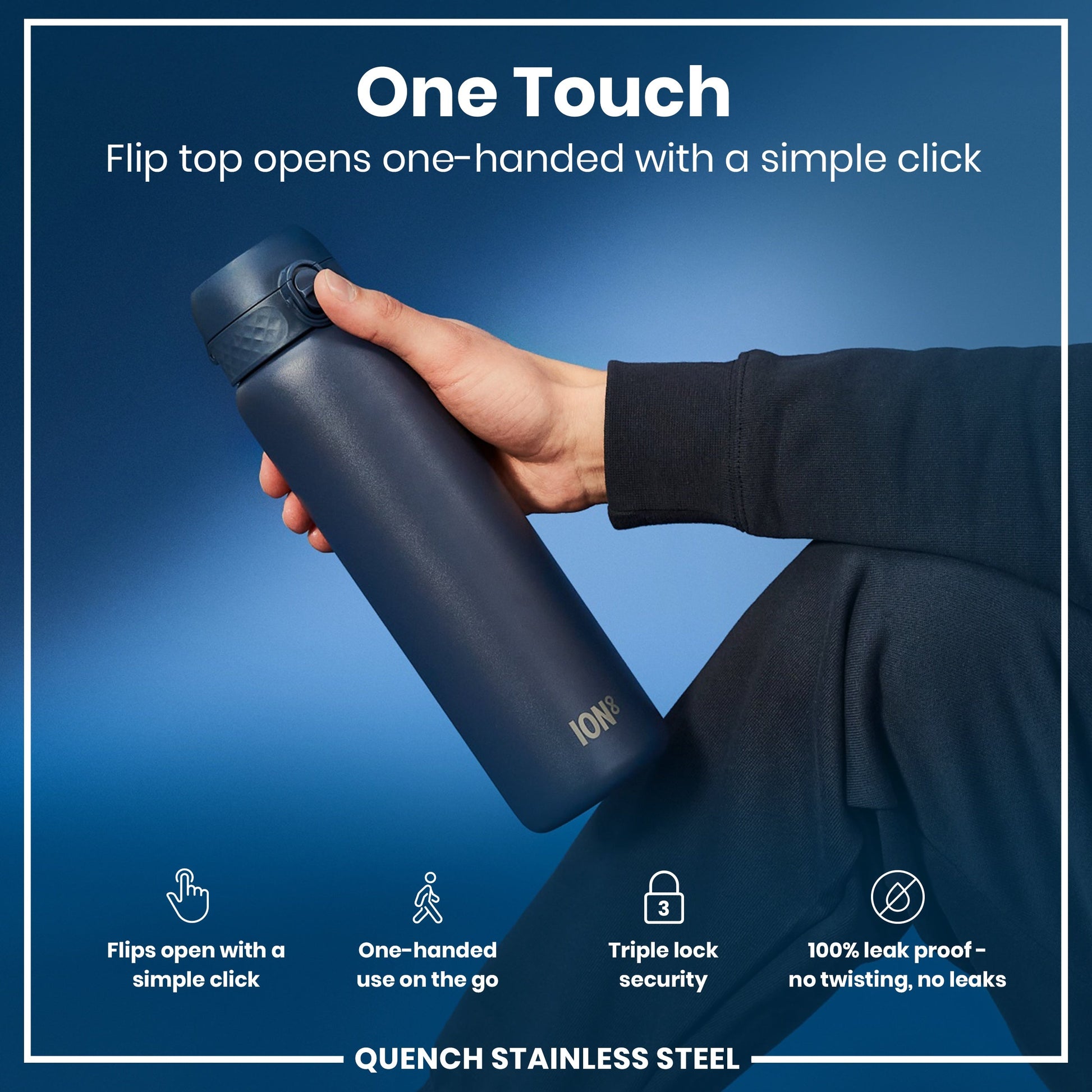 Person holding a blue stainless steel water bottle with text and icons on a blue background