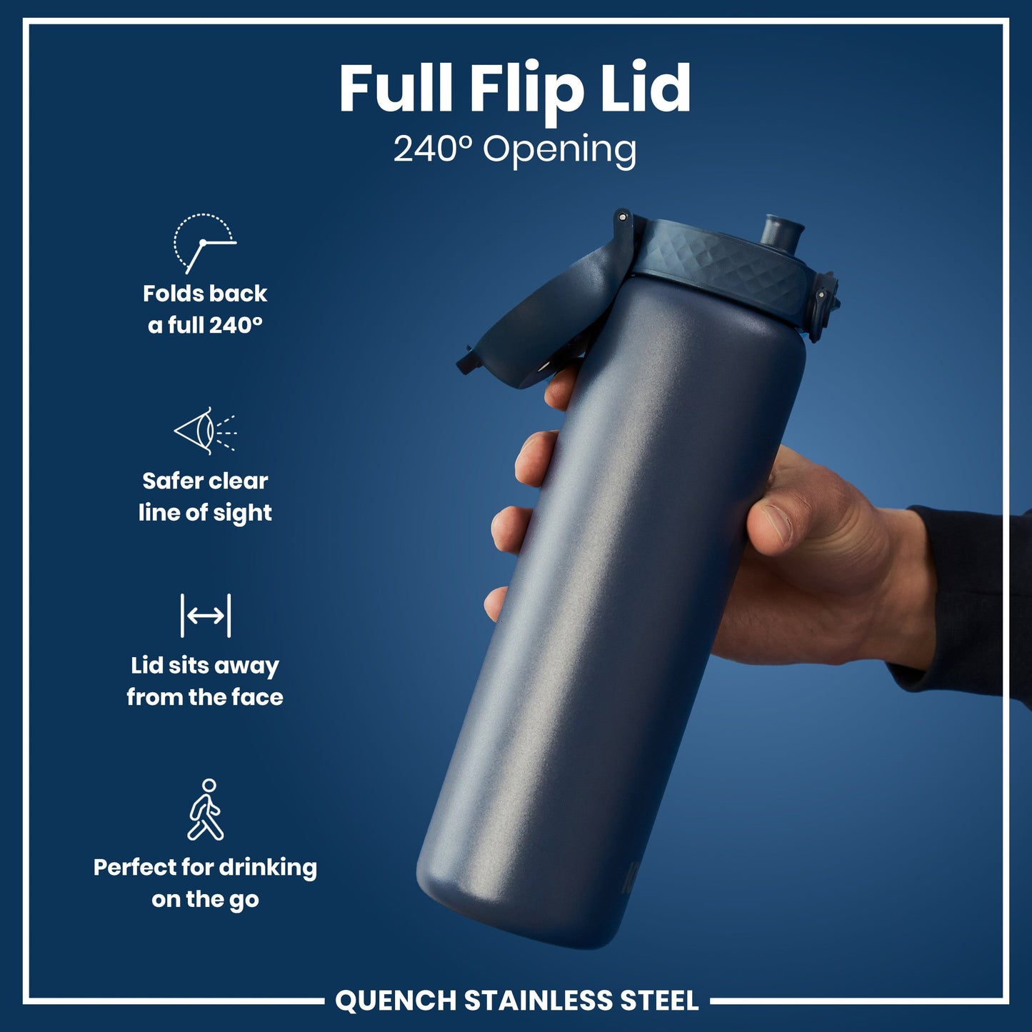 Hand holding a stainless steel water bottle with a full flip lid on a blue background