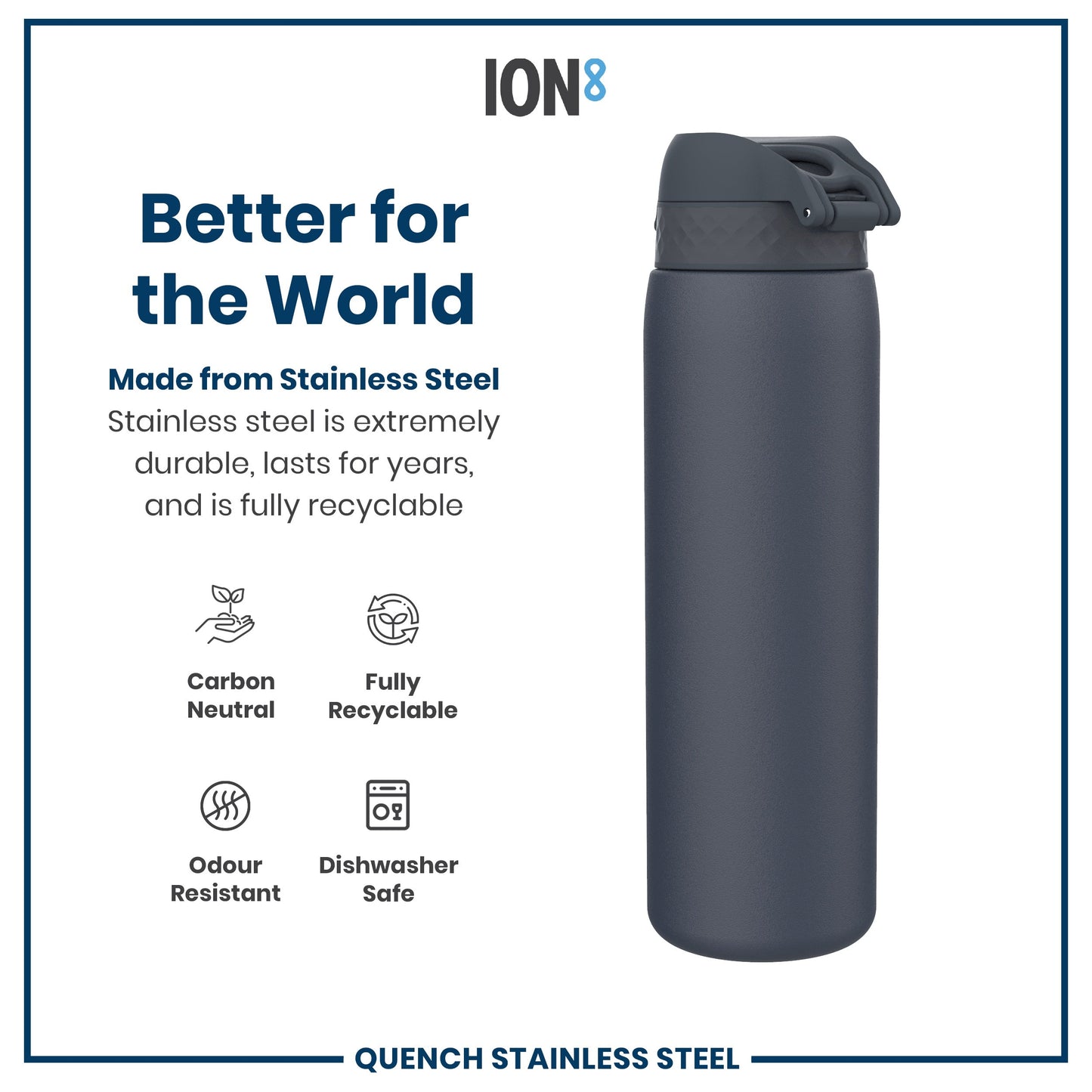 Stainless steel water bottle with ION8 branding and sustainability features on a white background