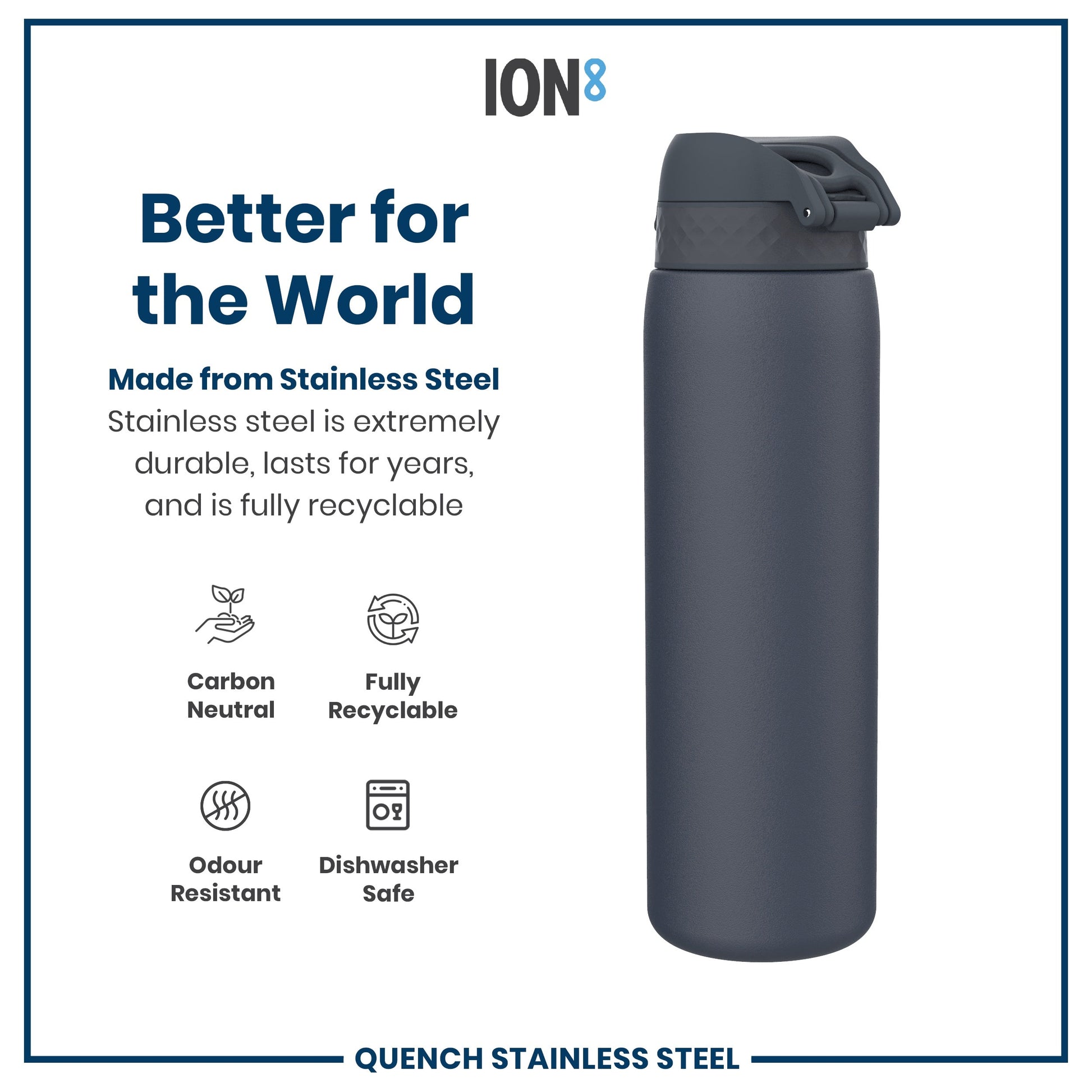 Stainless steel water bottle with ION8 branding and sustainability features on a white background