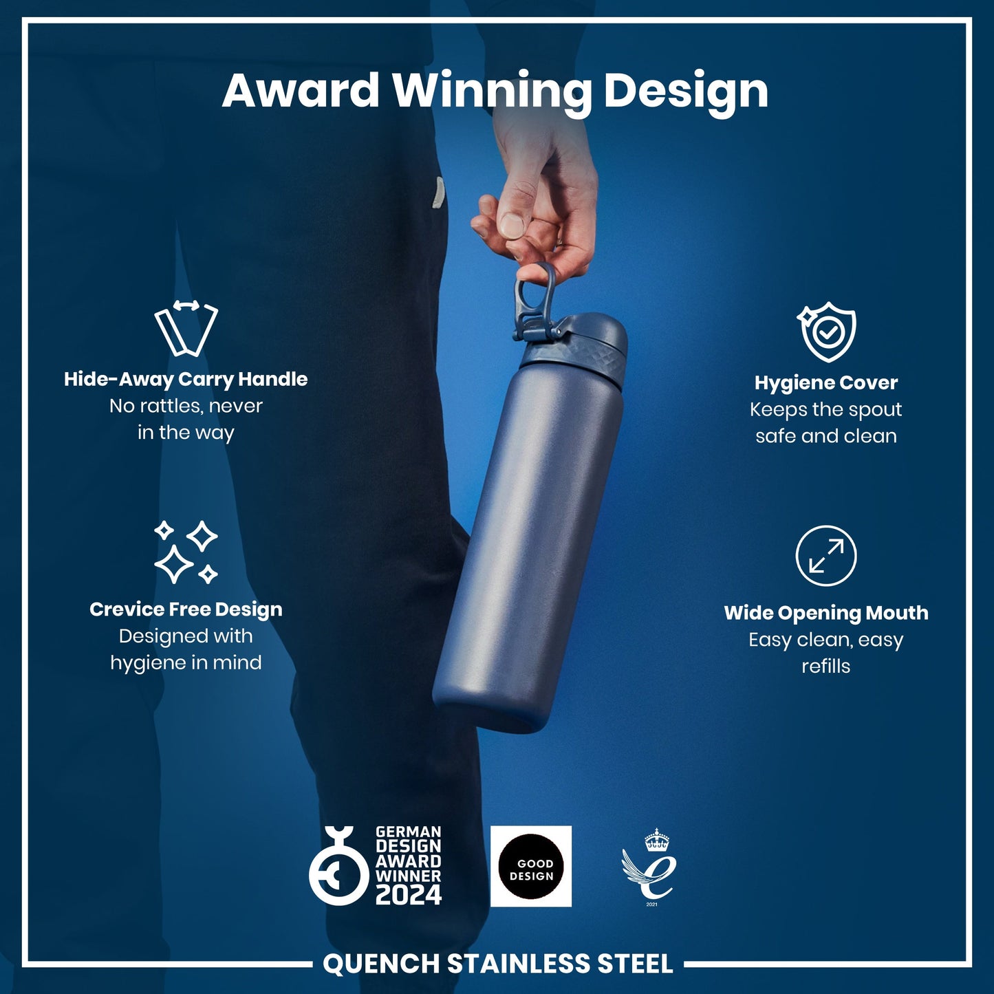 Stainless steel water bottle with features highlighted on a blue background