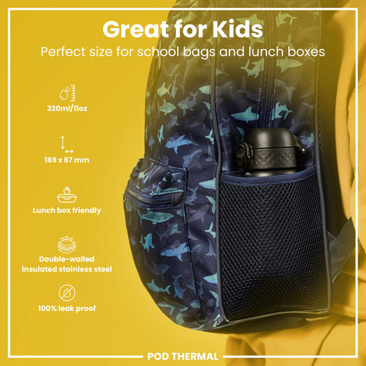 Shark-patterned backpack with insulated bottle holder on a yellow background, featuring text about its suitability for kids and features.