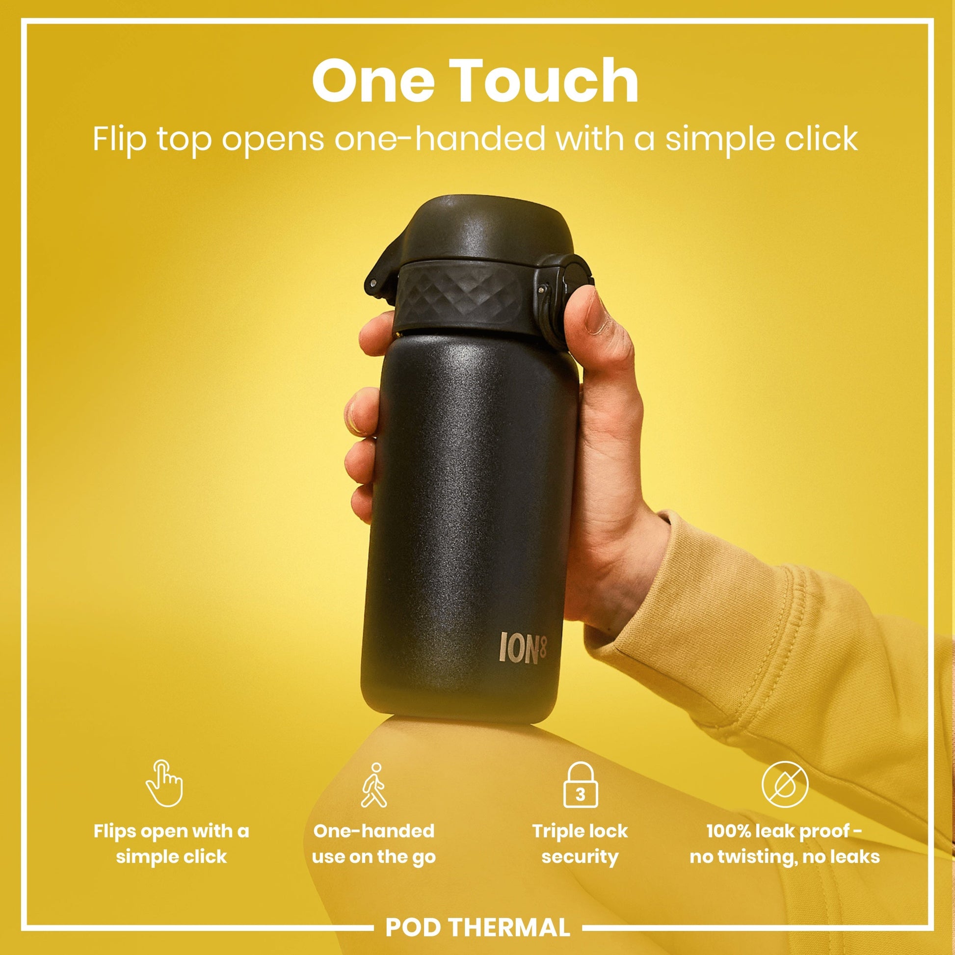Black insulated bottle held by a hand with promotional text on a yellow background