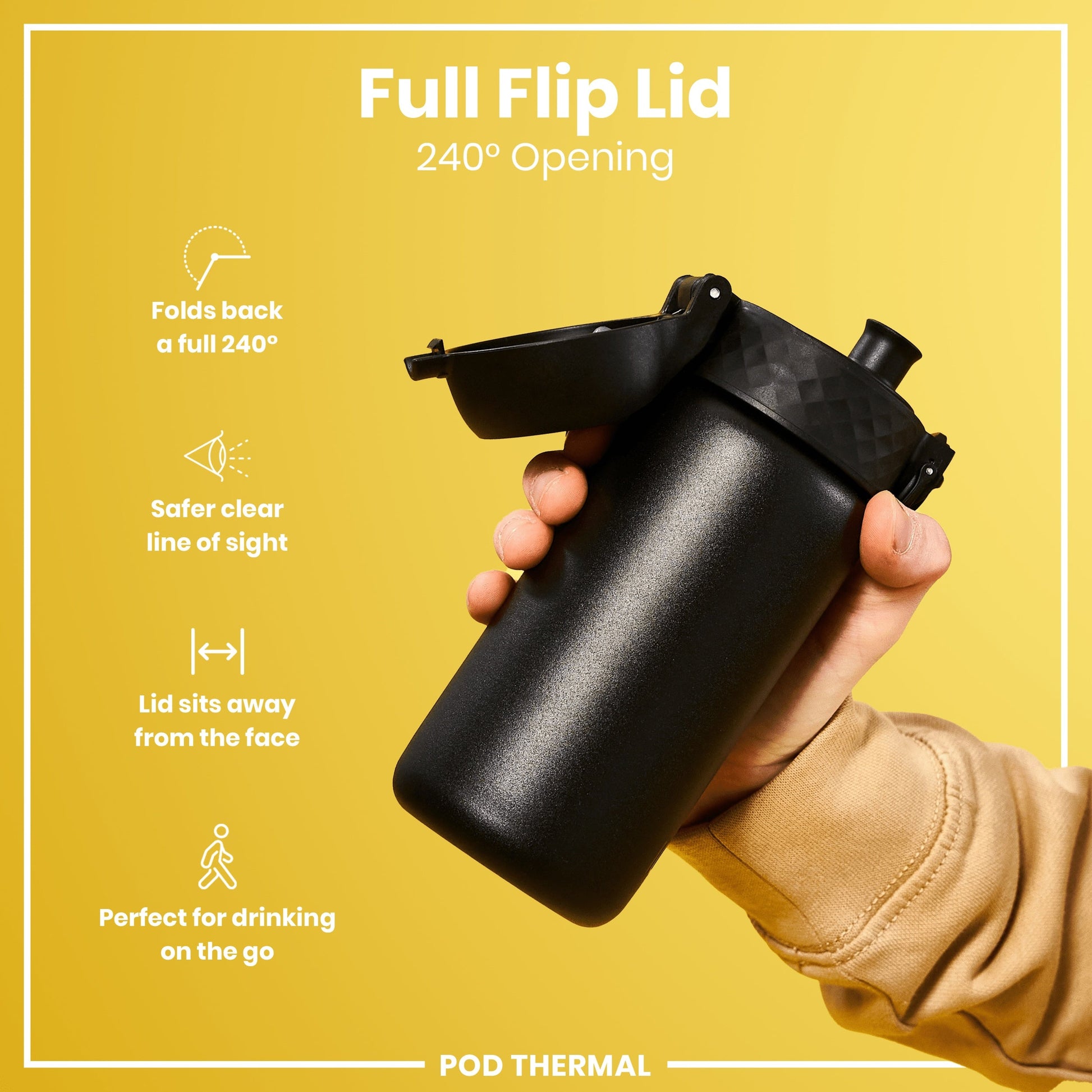 Black shaker bottle with full flip lid held by a hand on a yellow background