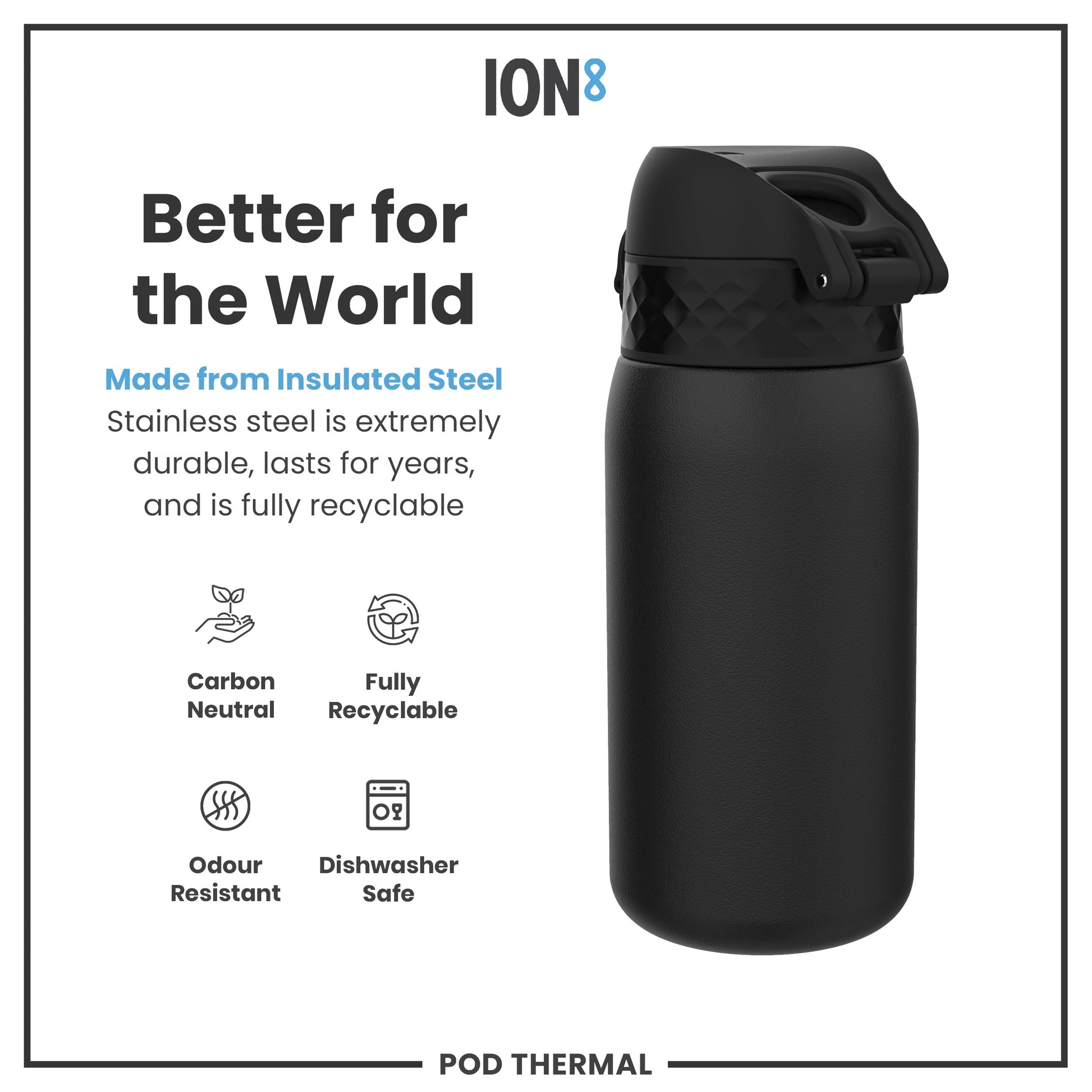 Black insulated steel water bottle with ION8 branding and sustainability features on a white background.