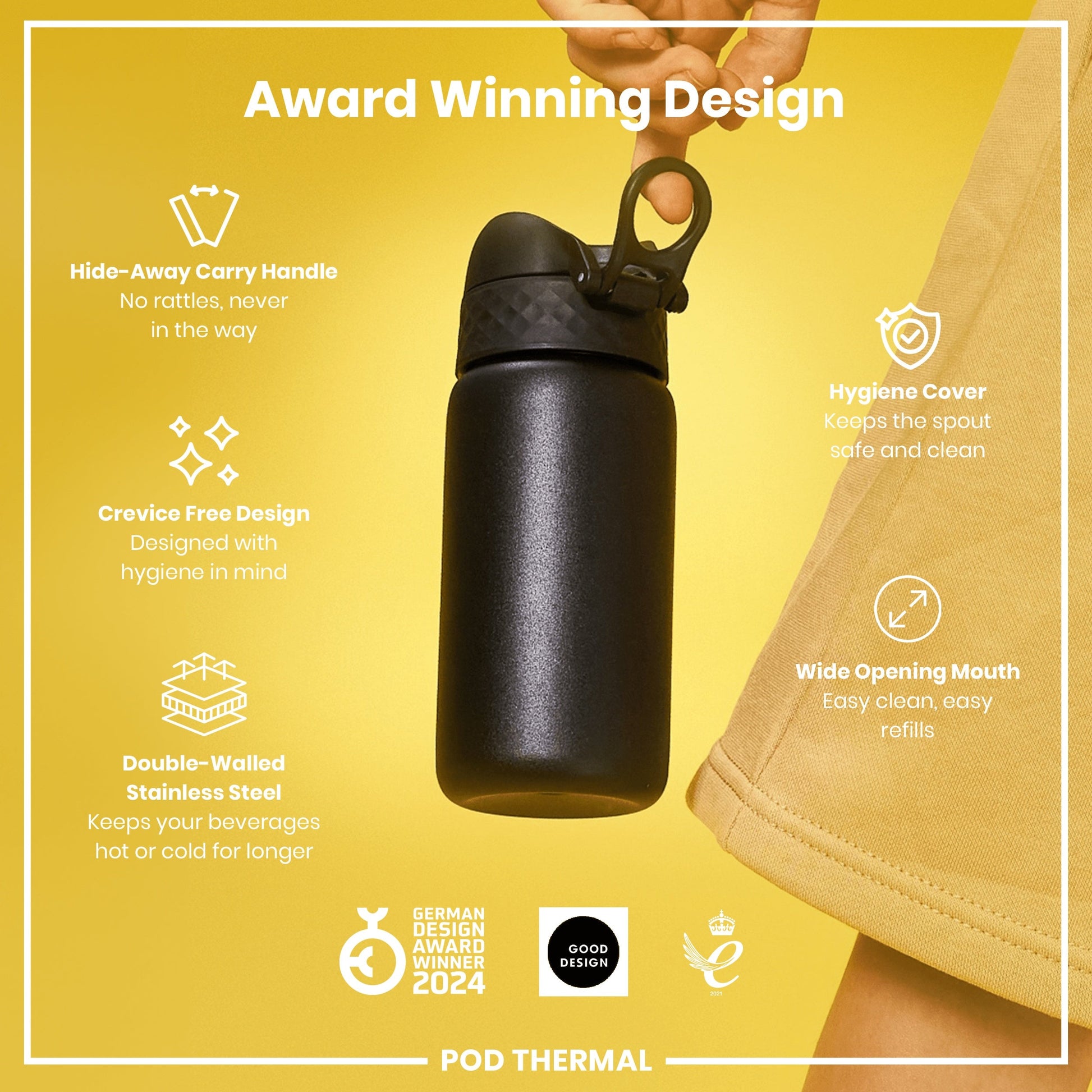 Black insulated bottle with features highlighted on a yellow background