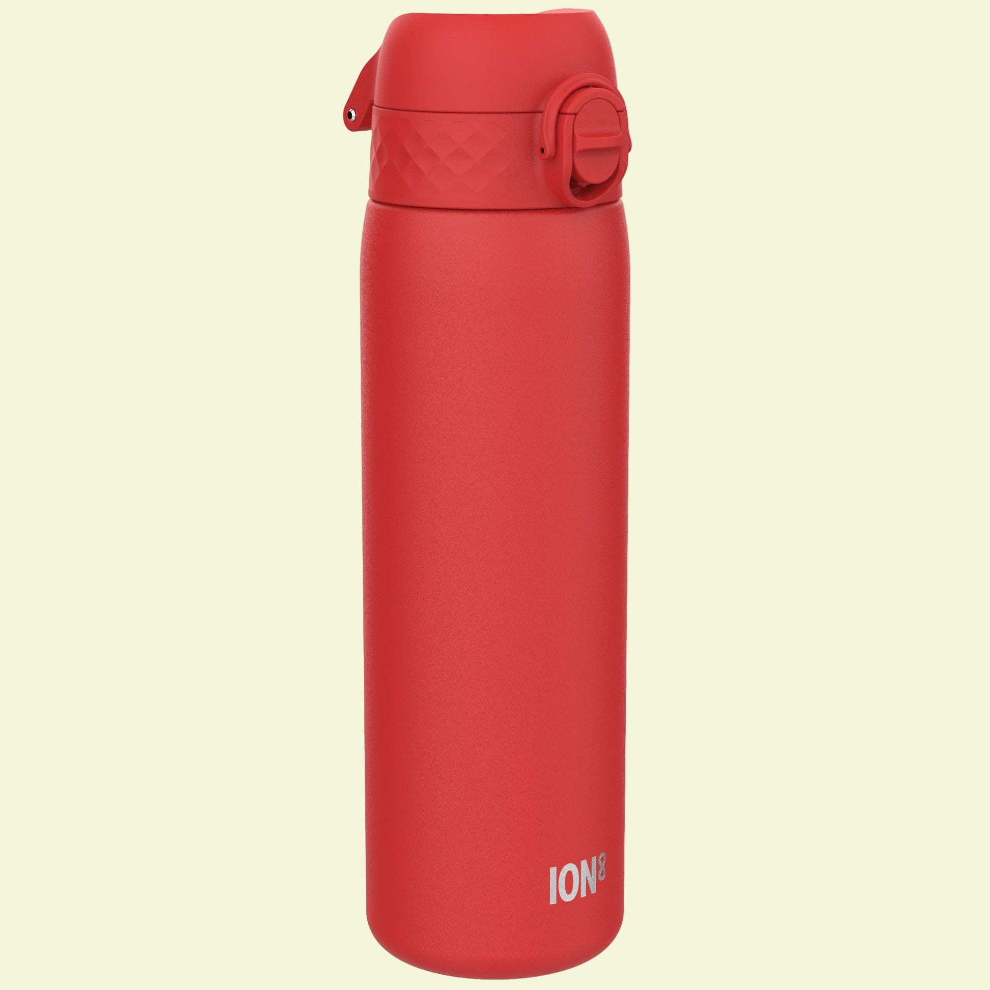 Red water bottle with a textured cap on a white background