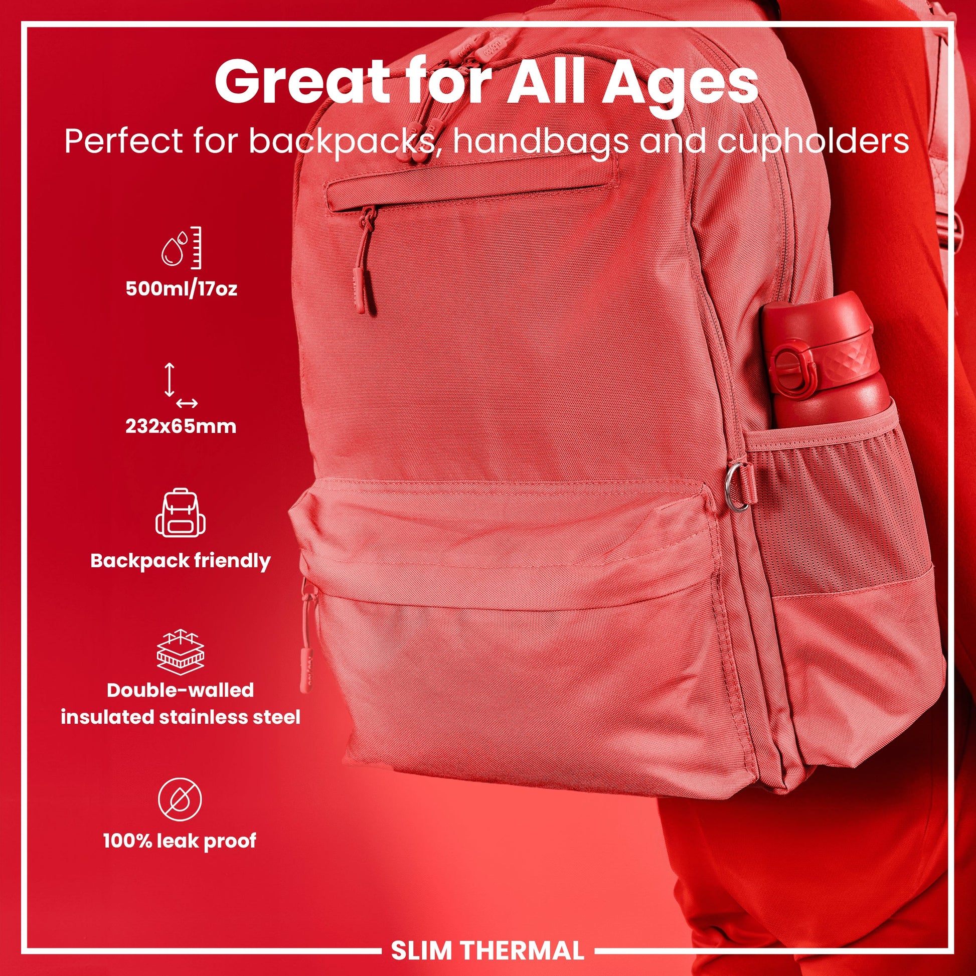 Red backpack with water bottle on a red background, featuring product details.