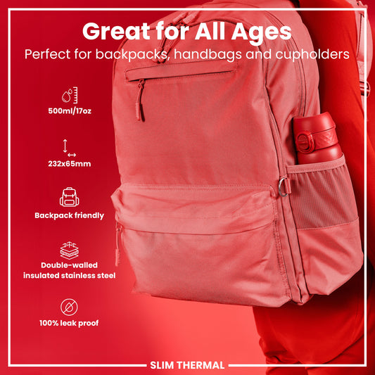 Red backpack with water bottle on a red background, featuring product details.