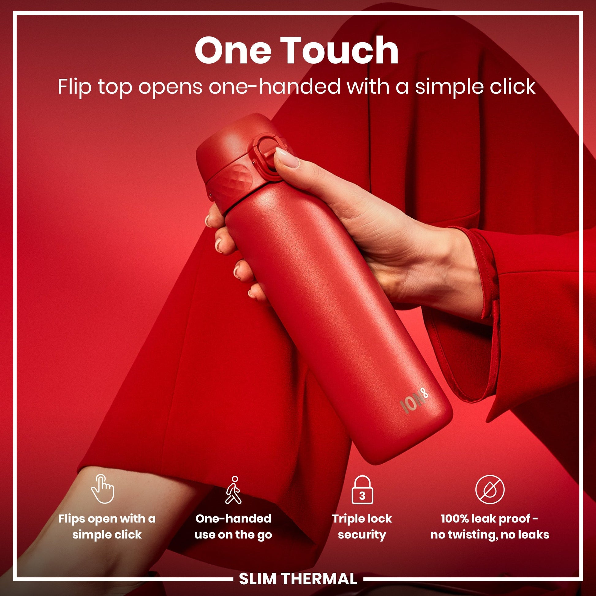 Red insulated bottle held by a hand with promotional text on a red background