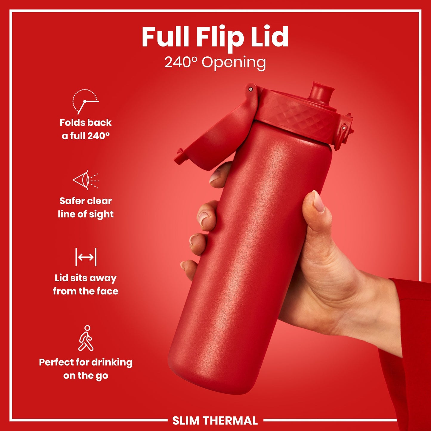 Red water bottle with full flip lid on a red background